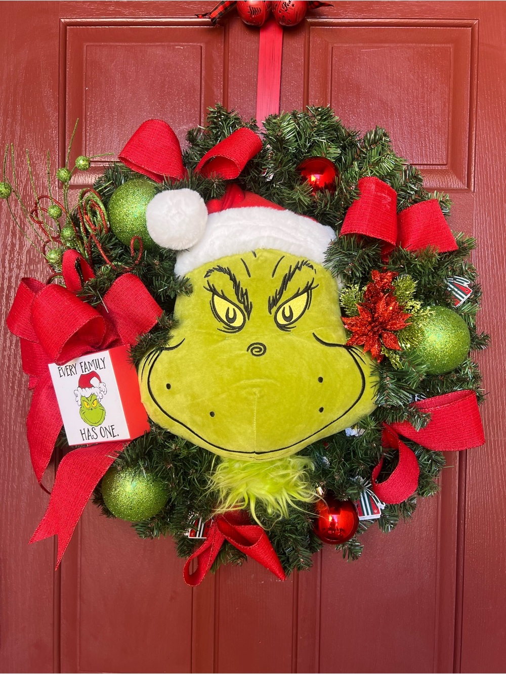 Grinch Holiday Wreath - Green and Red Festive Door Accent